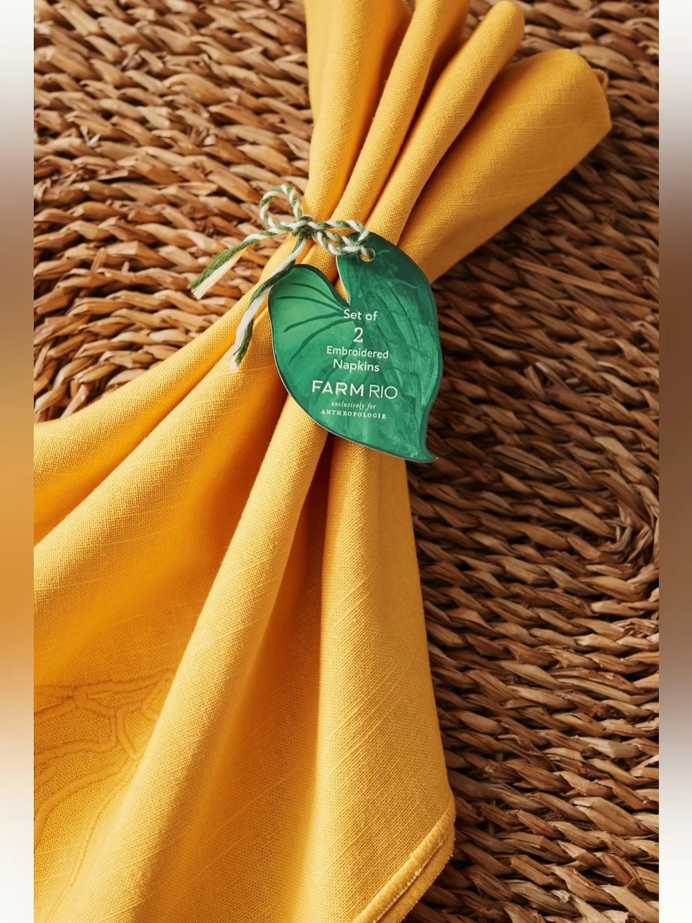 NWT Farm Rio x Anthropologie Embroidered Napkin, Set of 2 in Banana